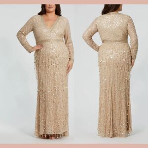 NWT MAC DUGGAL [‎ 16W ] 94074 Embellished Fringe Long Sleeve Gown Nude Gold